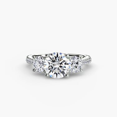 Veradore diamond trilogy ring in white gold or platinum, front view with round centre diamond