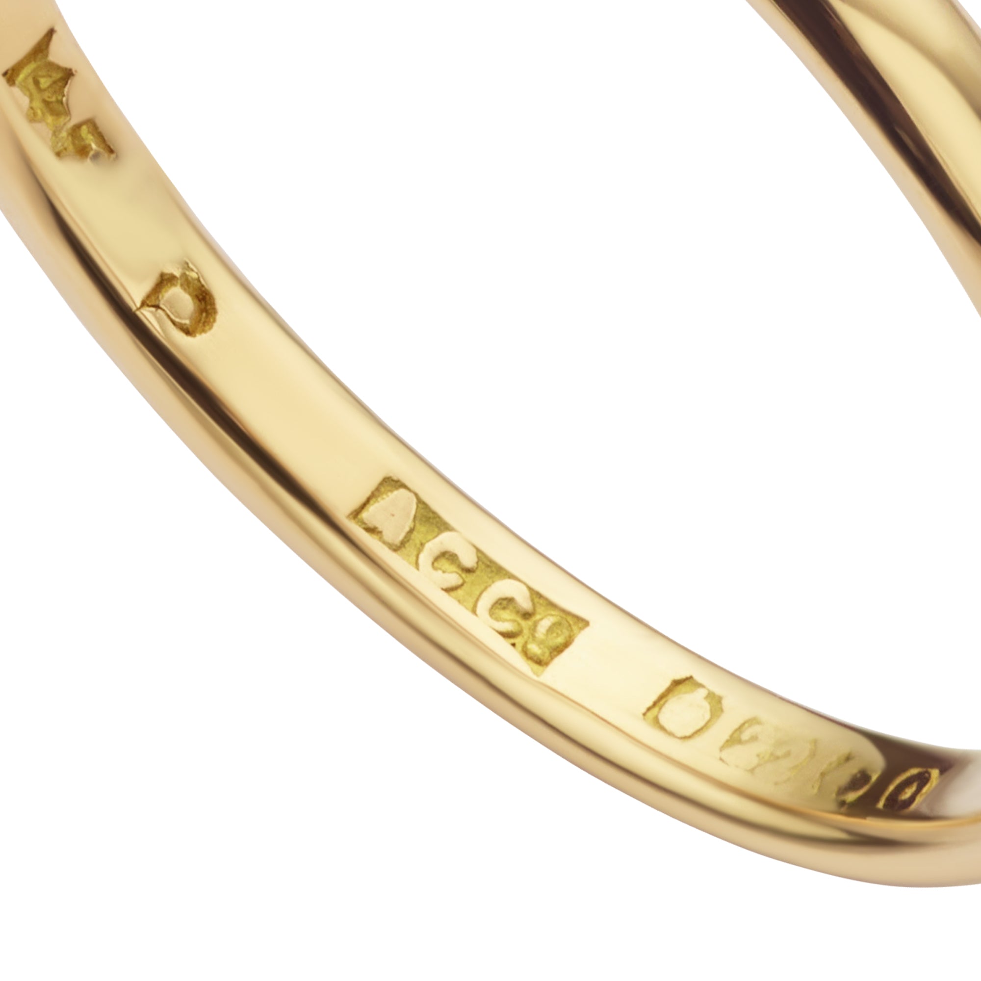Close up view of the 22ct gold hallmark on the pre-loved-wedding-ring
