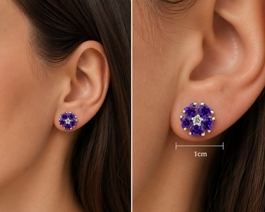 Close-up of a woman's ear wearing purple flower-shaped earrings with a measurement scale.
