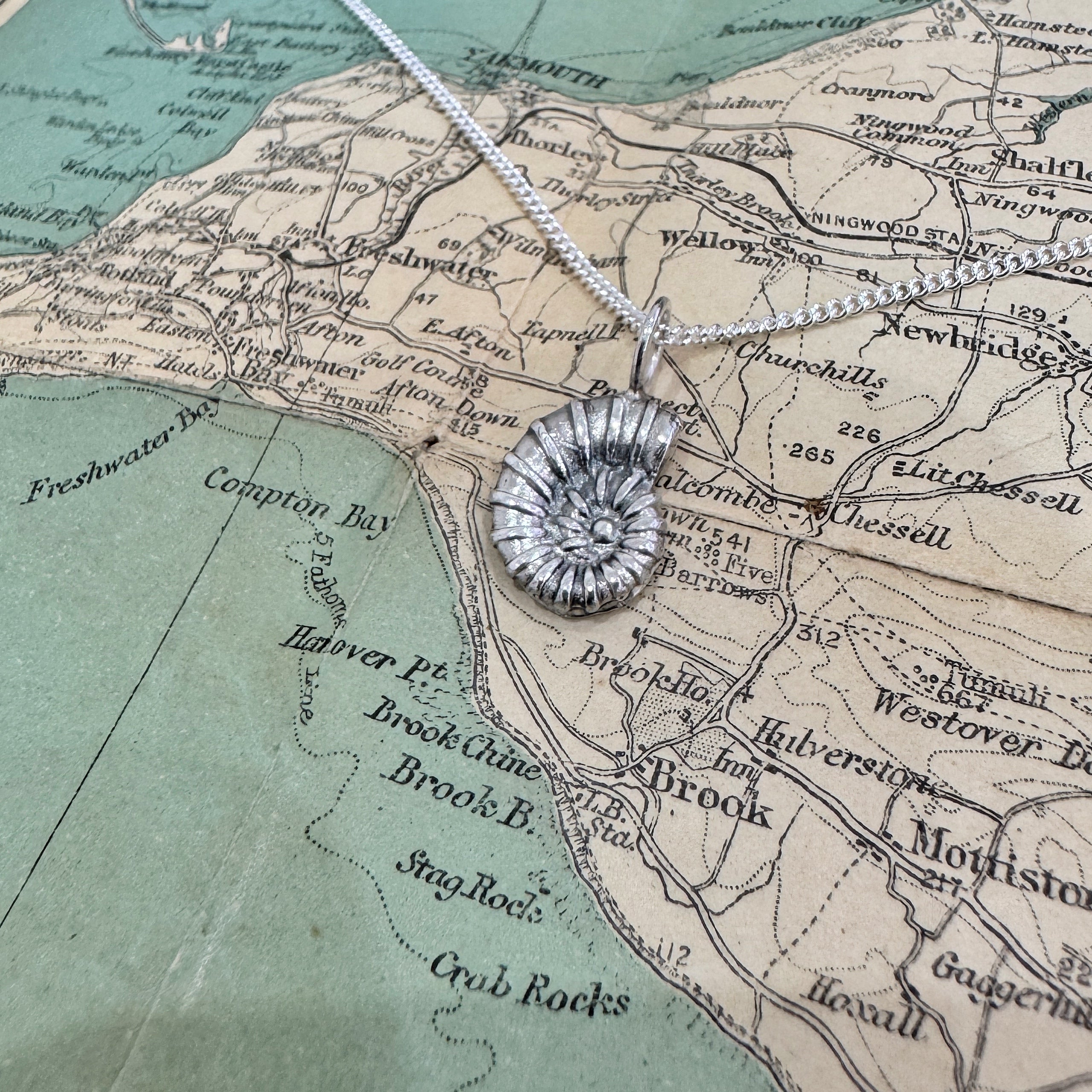 Ammonite Silver Necklace on Map