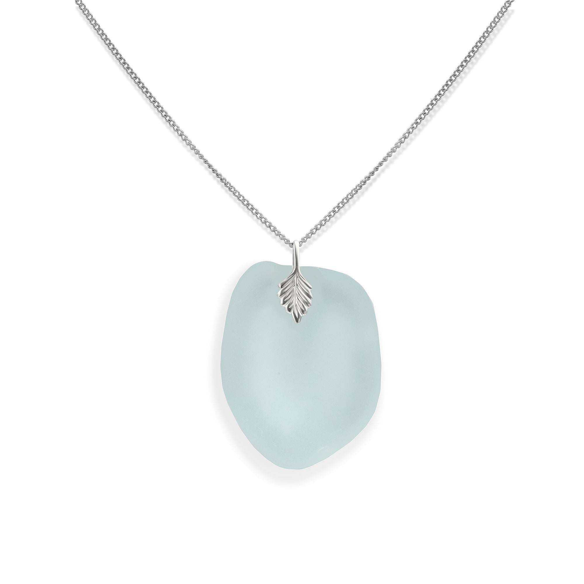  Pale aqua blue sea glass necklace in silver plate. 