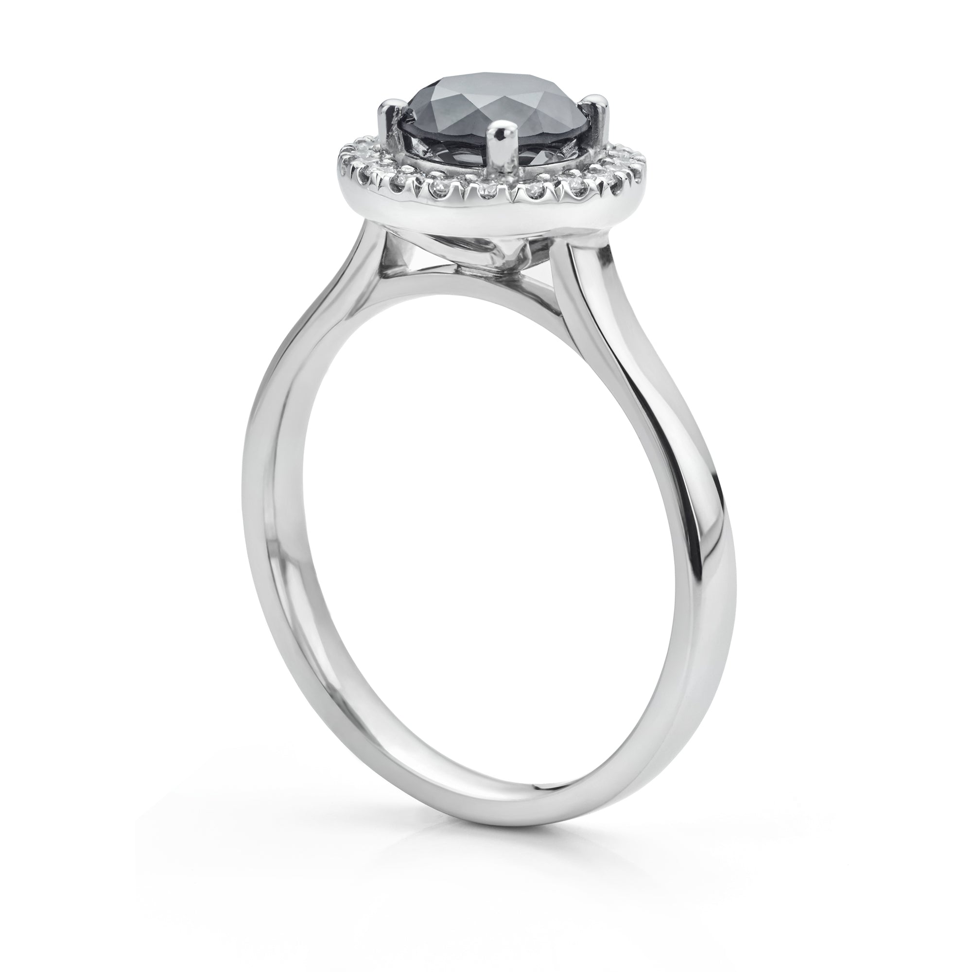 Side view of the black diamond halo engagement ring