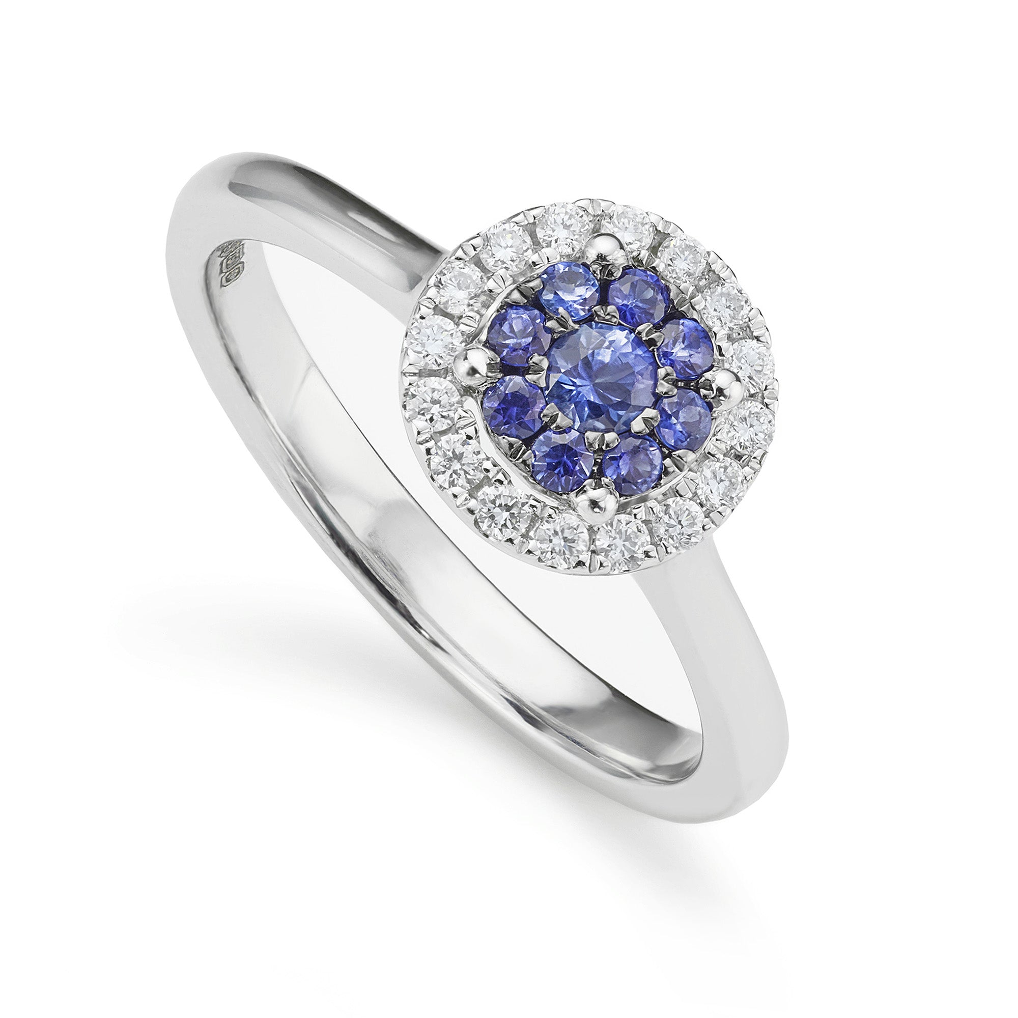 Blue sapphire and diamond cluster halo engagement ring