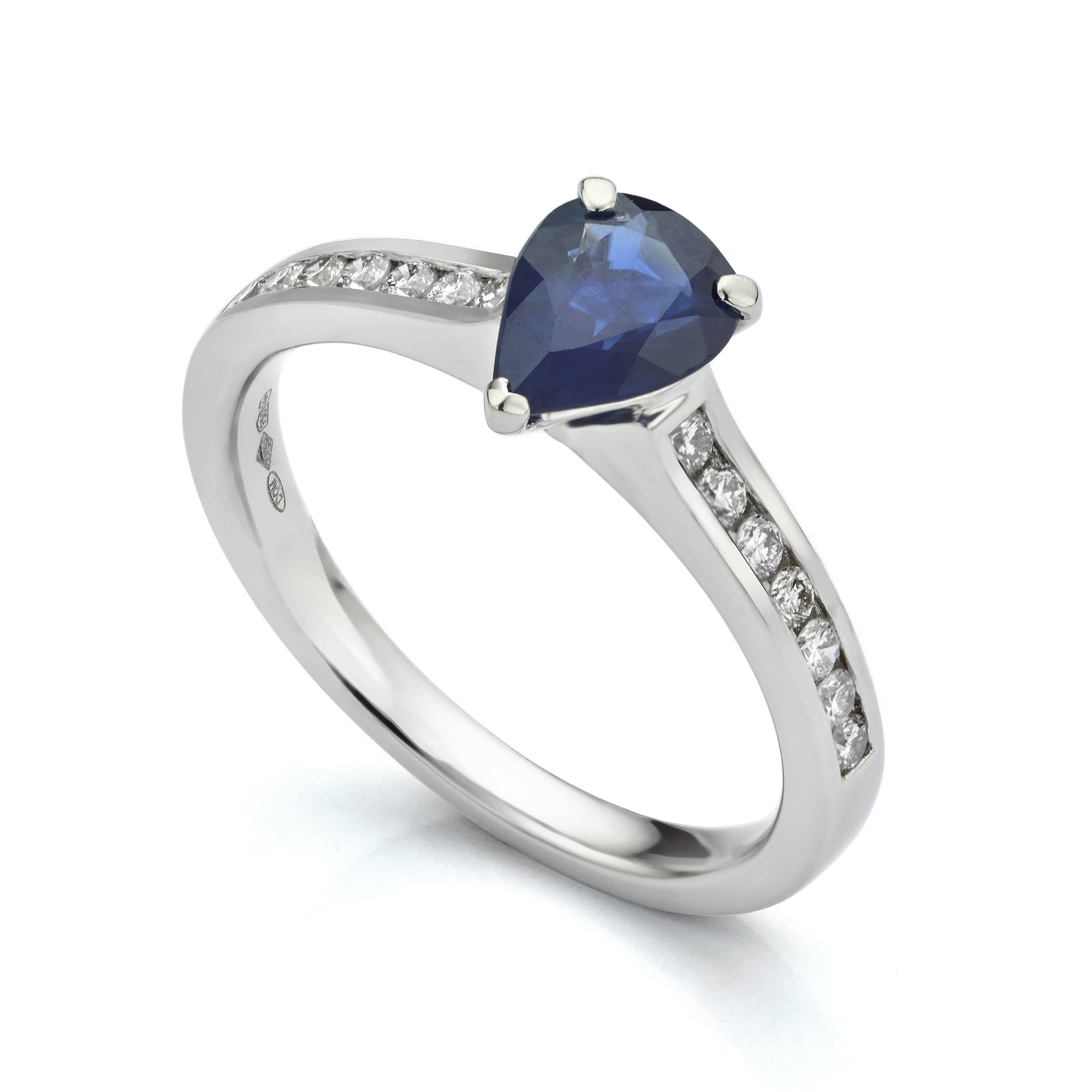 Blue Sapphire Pear and Diamond Halo Engagement Ring