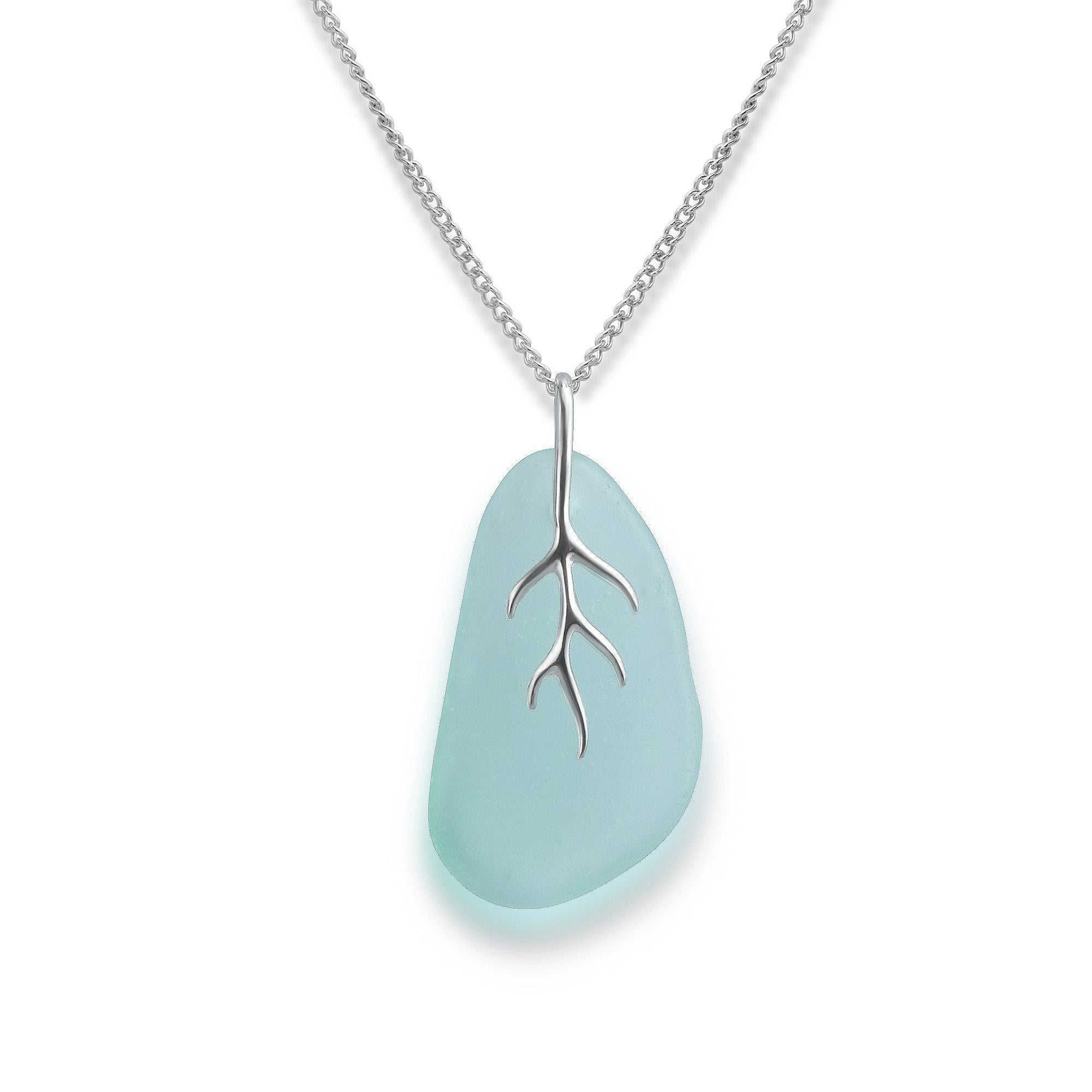 Aqua drop coral sea glass necklace