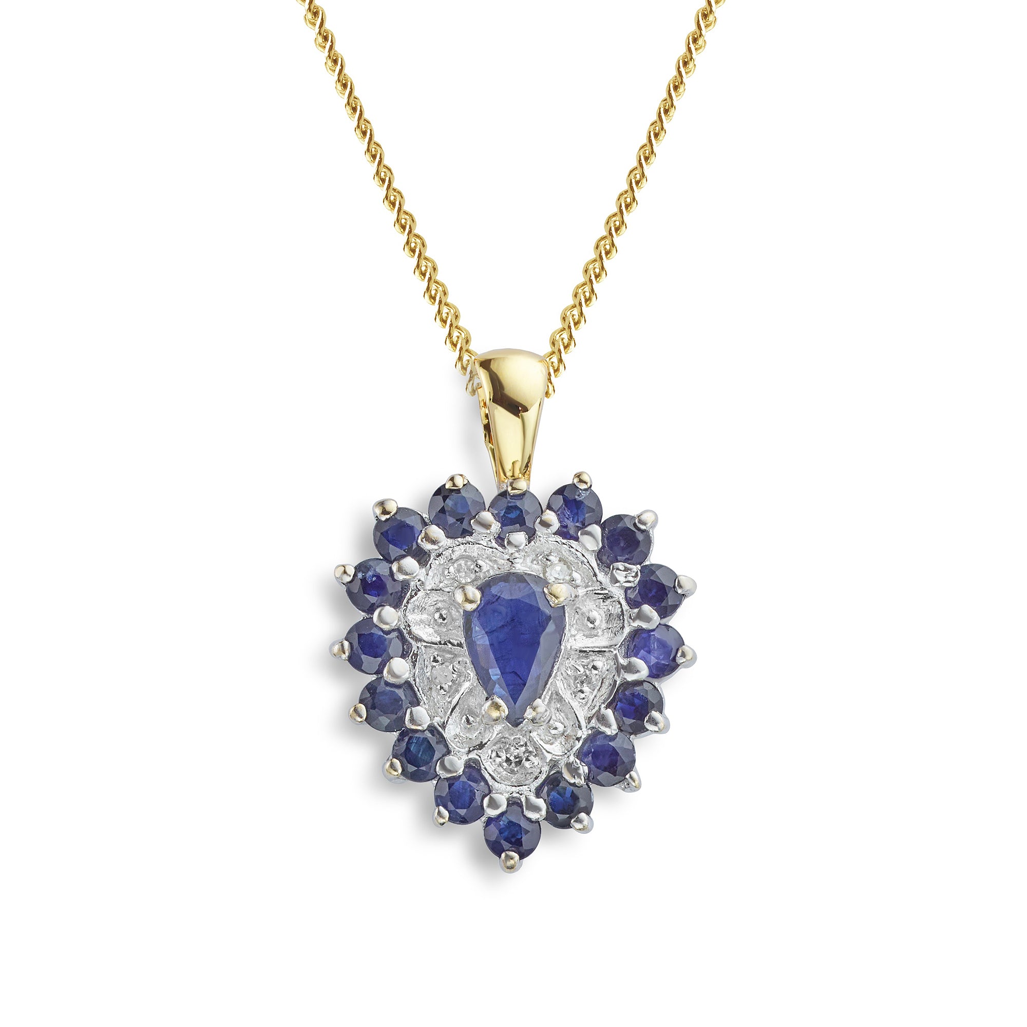 Larger view of the heart shaped blue sapphire and diamond cluster necklace