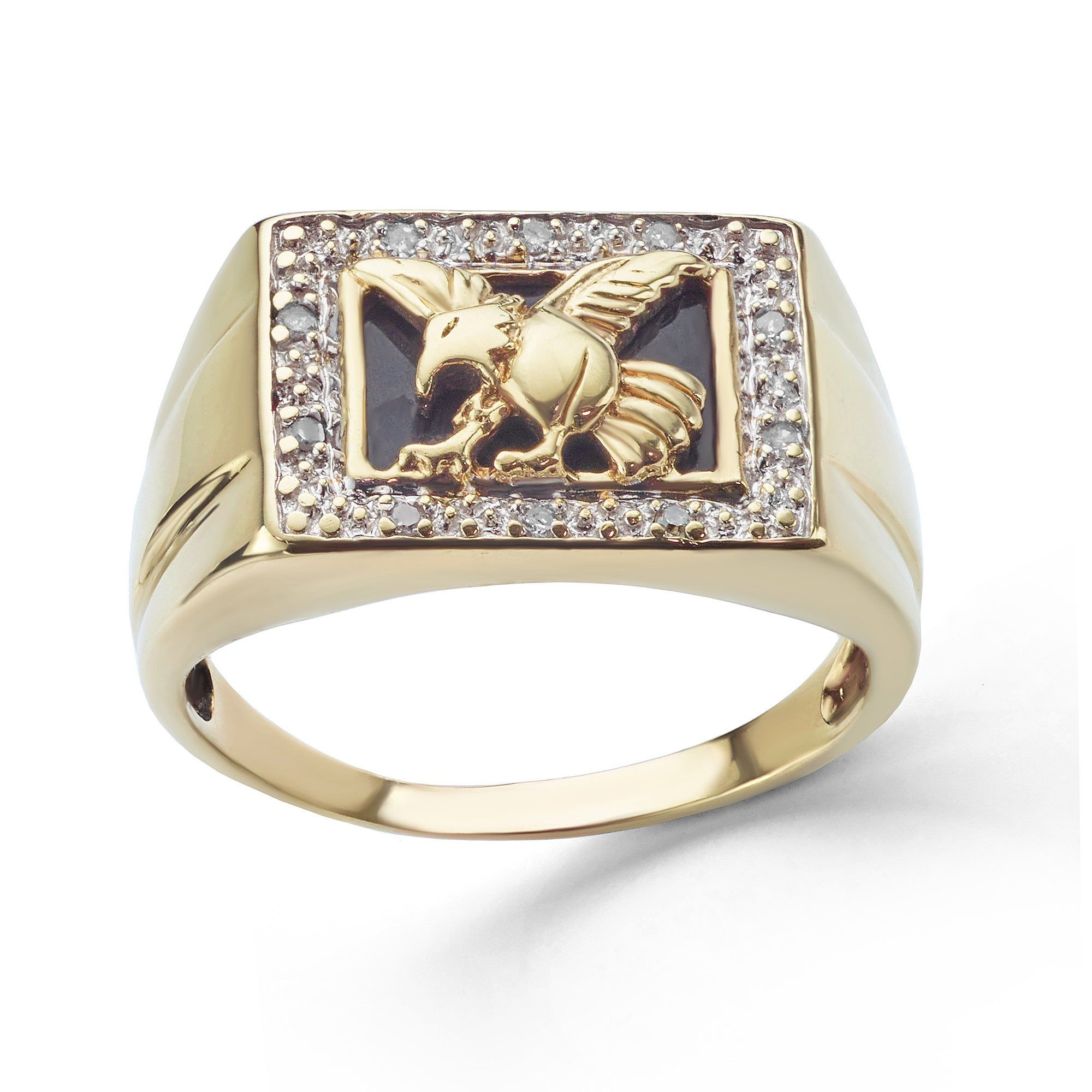 Alternative view of the yellow gold Onyx and diamond Eagle signet ring