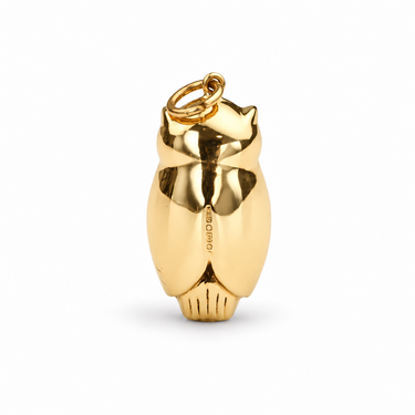 Vintage 9ct Yellow Gold Owl Charm with Green Gemstone Eyes Back View