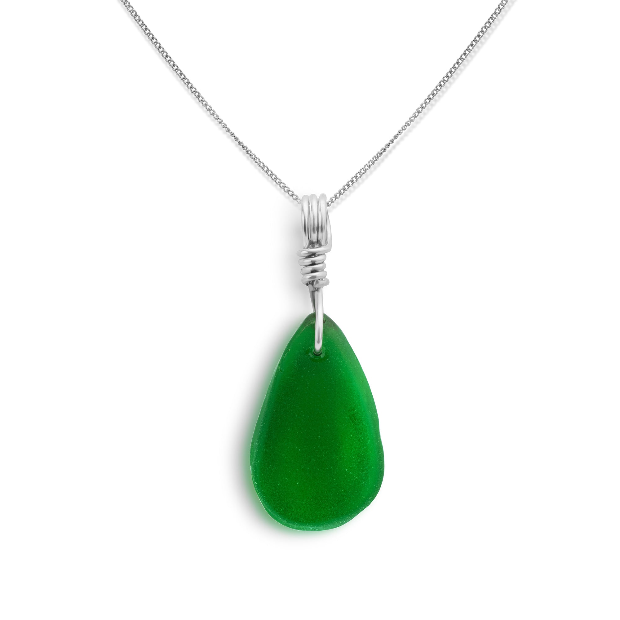 Pear shaped green Isle of Wight sea glass necklace in silver