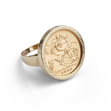 Pre-loved pre-owned half gold sovereign ring 22ct and 9ct gold 1973 / 1906