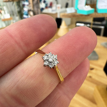 Daisy cluster engagement ring on finger