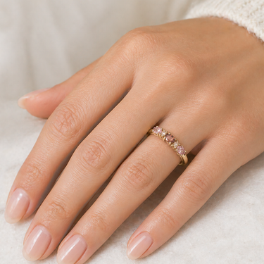 Mixed Champagne Garnet & Imperial Topaz Ring in 9ct Yellow Gold on hand