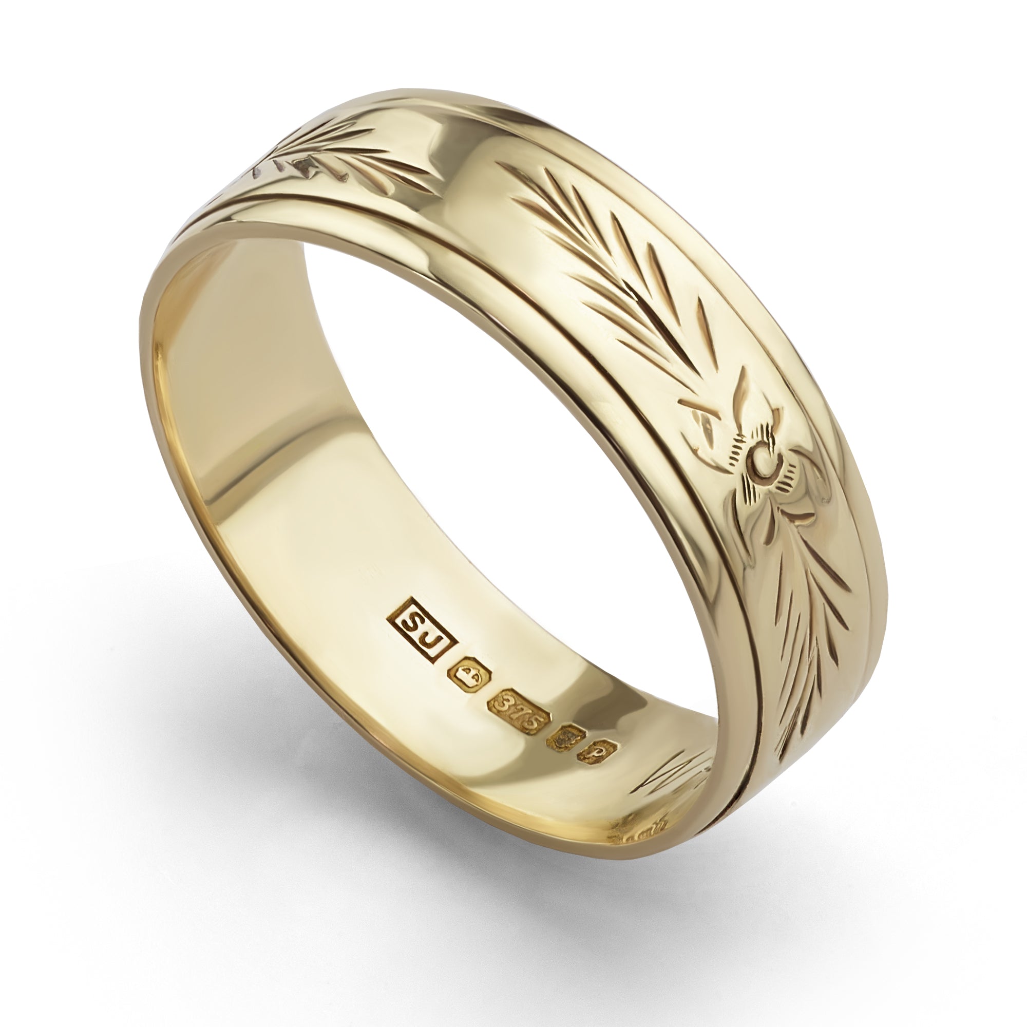 Pre-loved leaf hand engraved yellow gold wedding ring