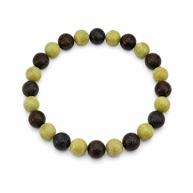 A beaded stretch bracelet made of alternating olive green peridot and dark brown bronzite matte stone beads, displayed on a clean white background.