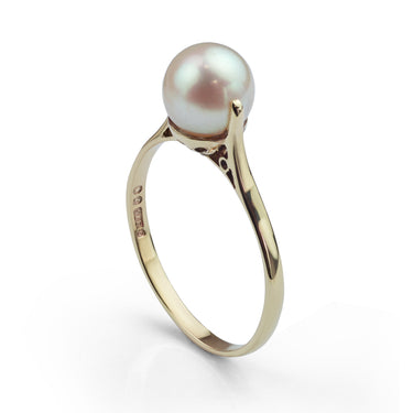 Vintage 1966 9ct Yellow Gold Pearl Ring side view on white background