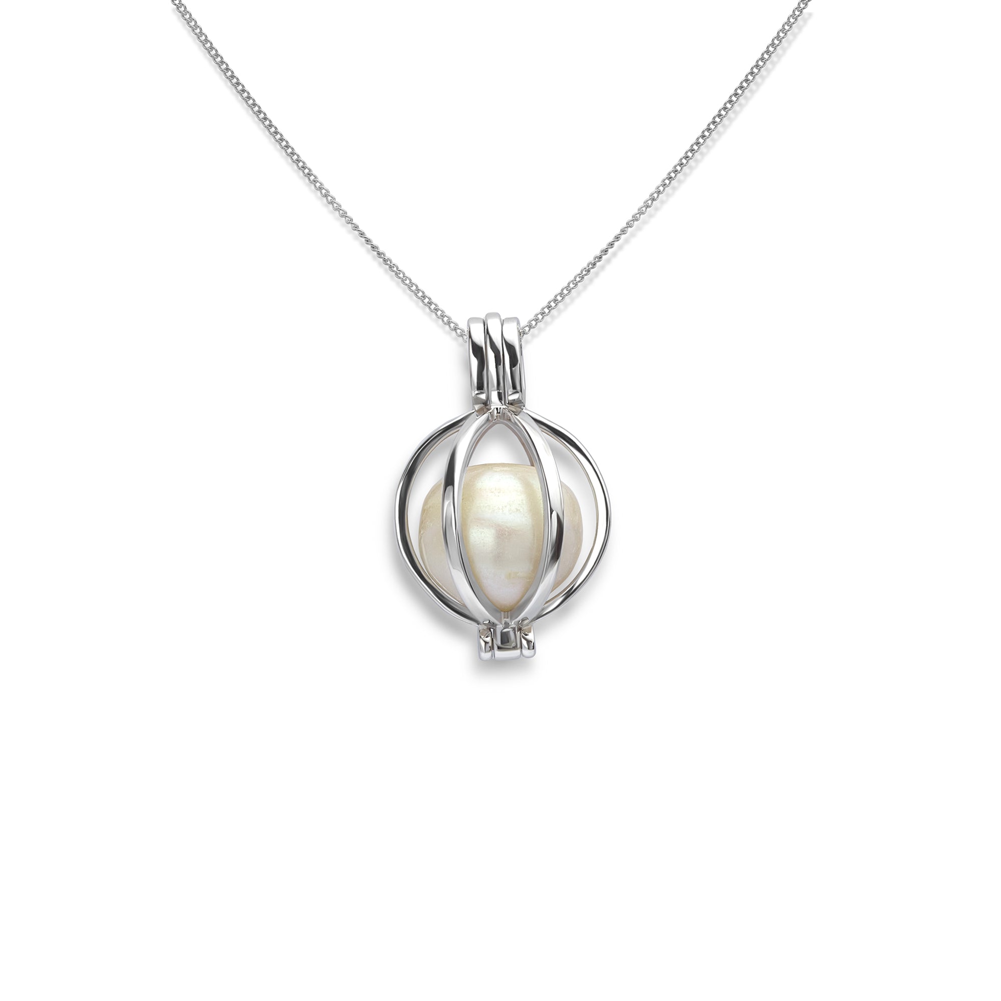 Round silver pearl cage necklace