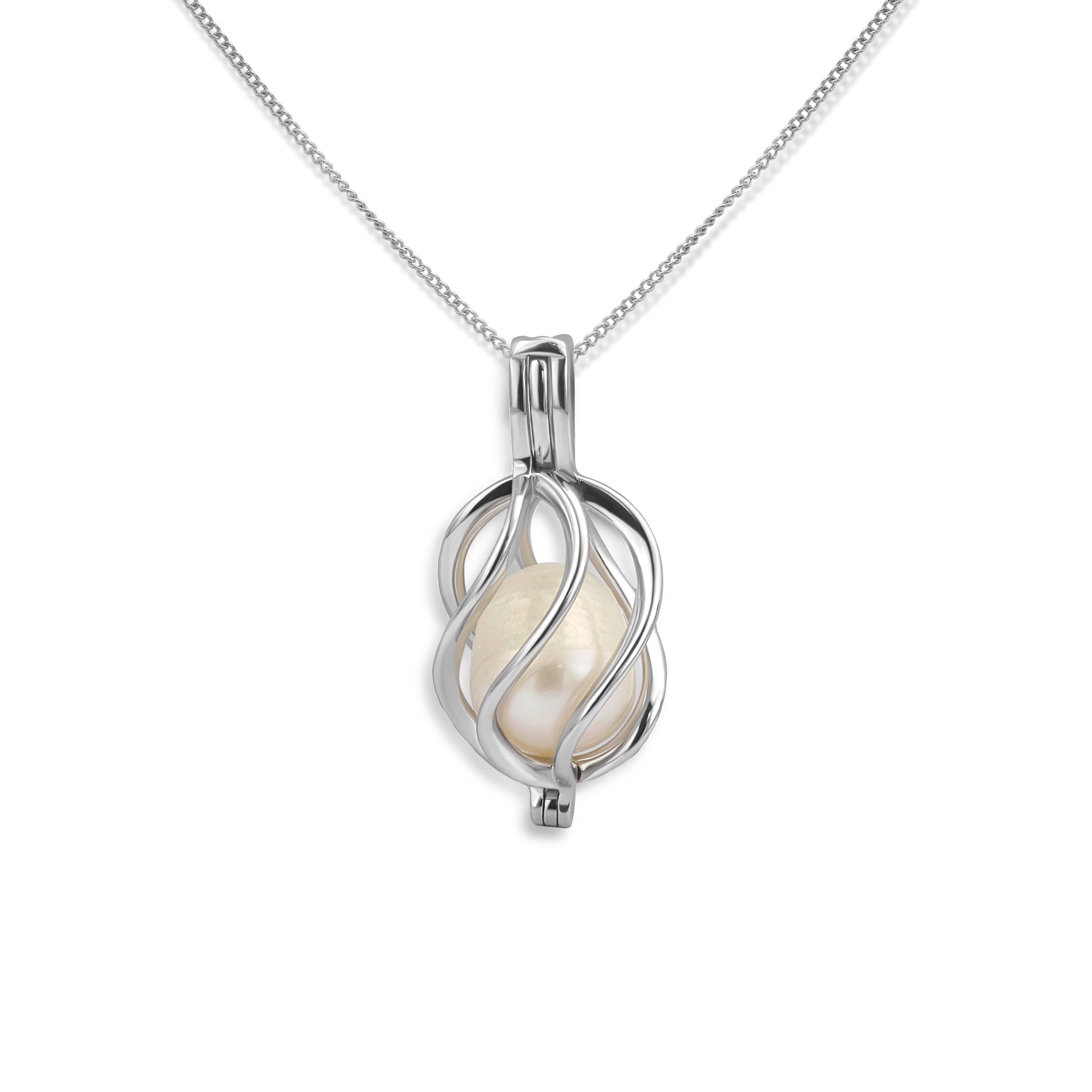 Spiral Silver Pearl Cage Necklace