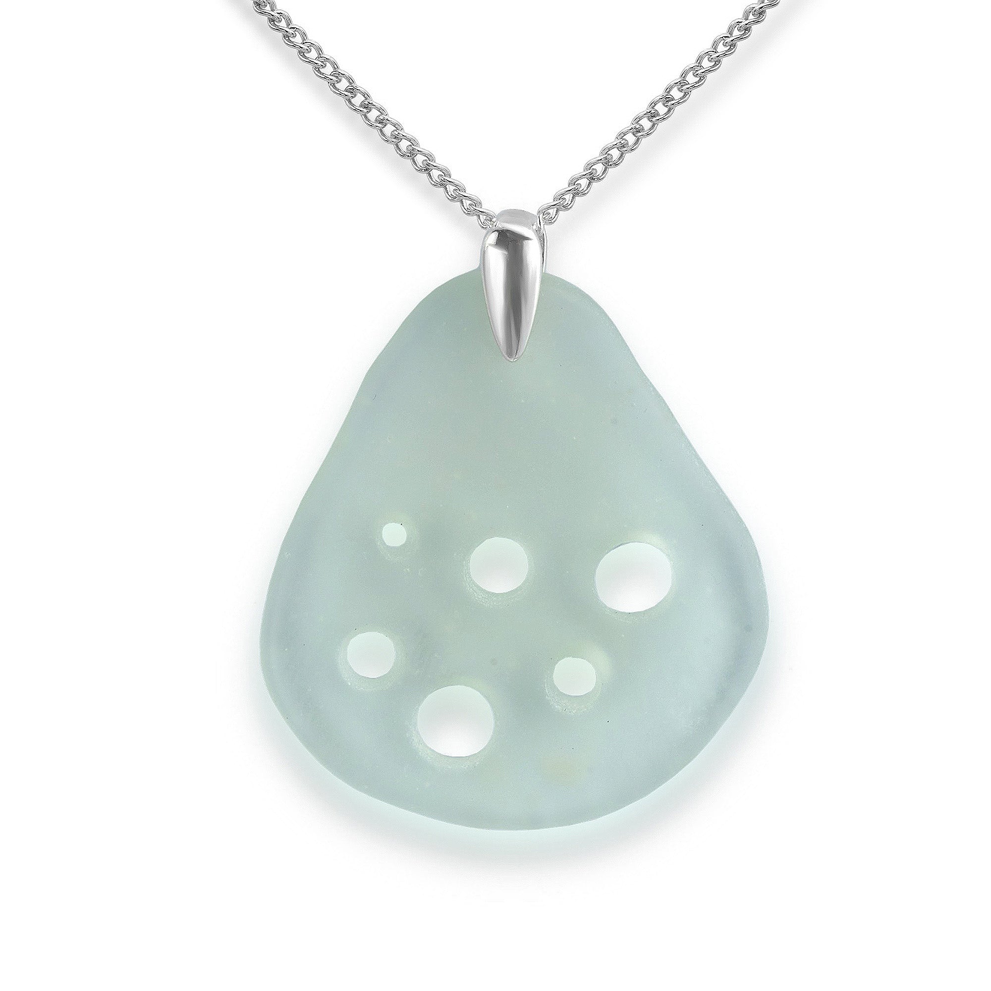 Close up view of the Swiss Cheese sea glass necklace