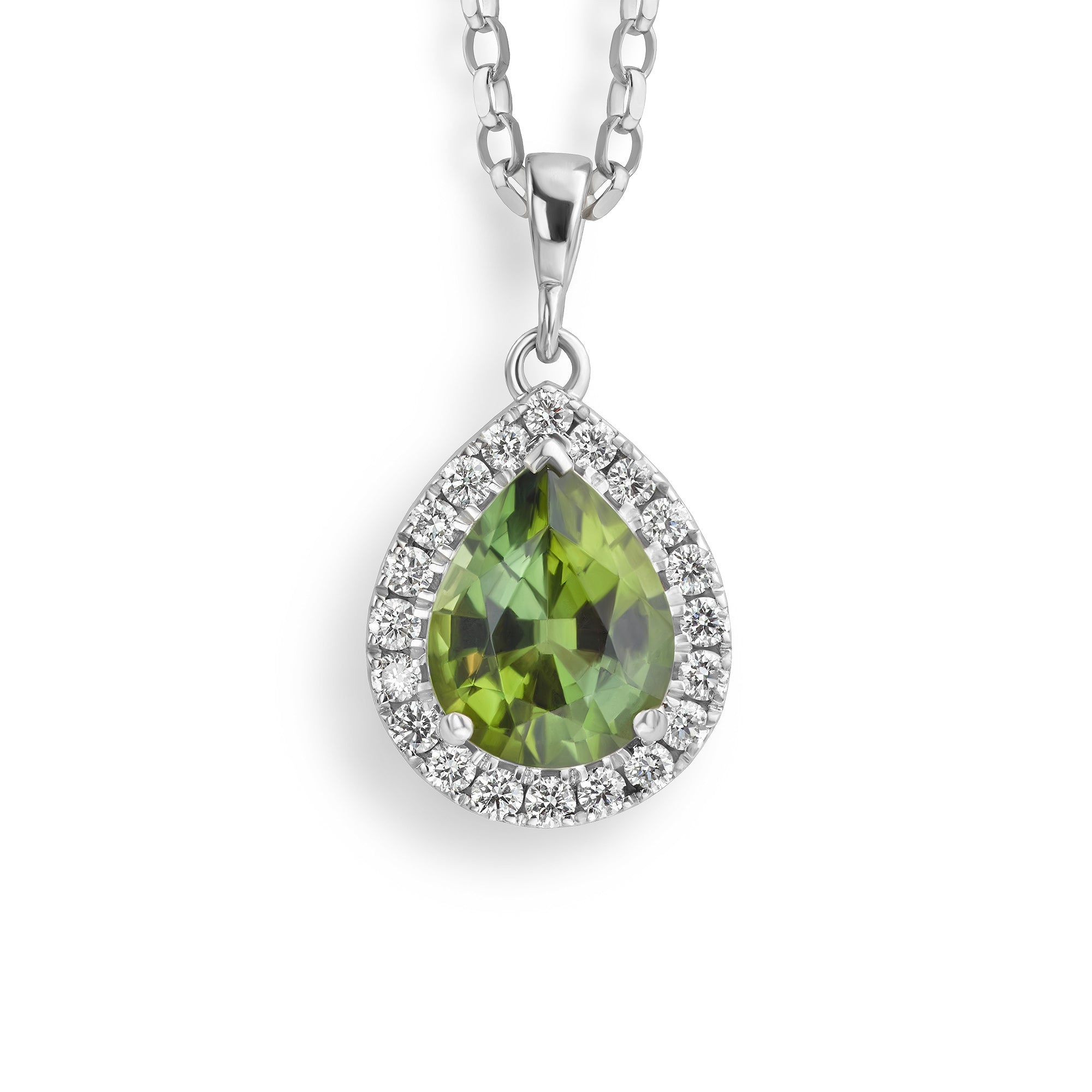 Green Tourmaline and diamond halo necklace close up