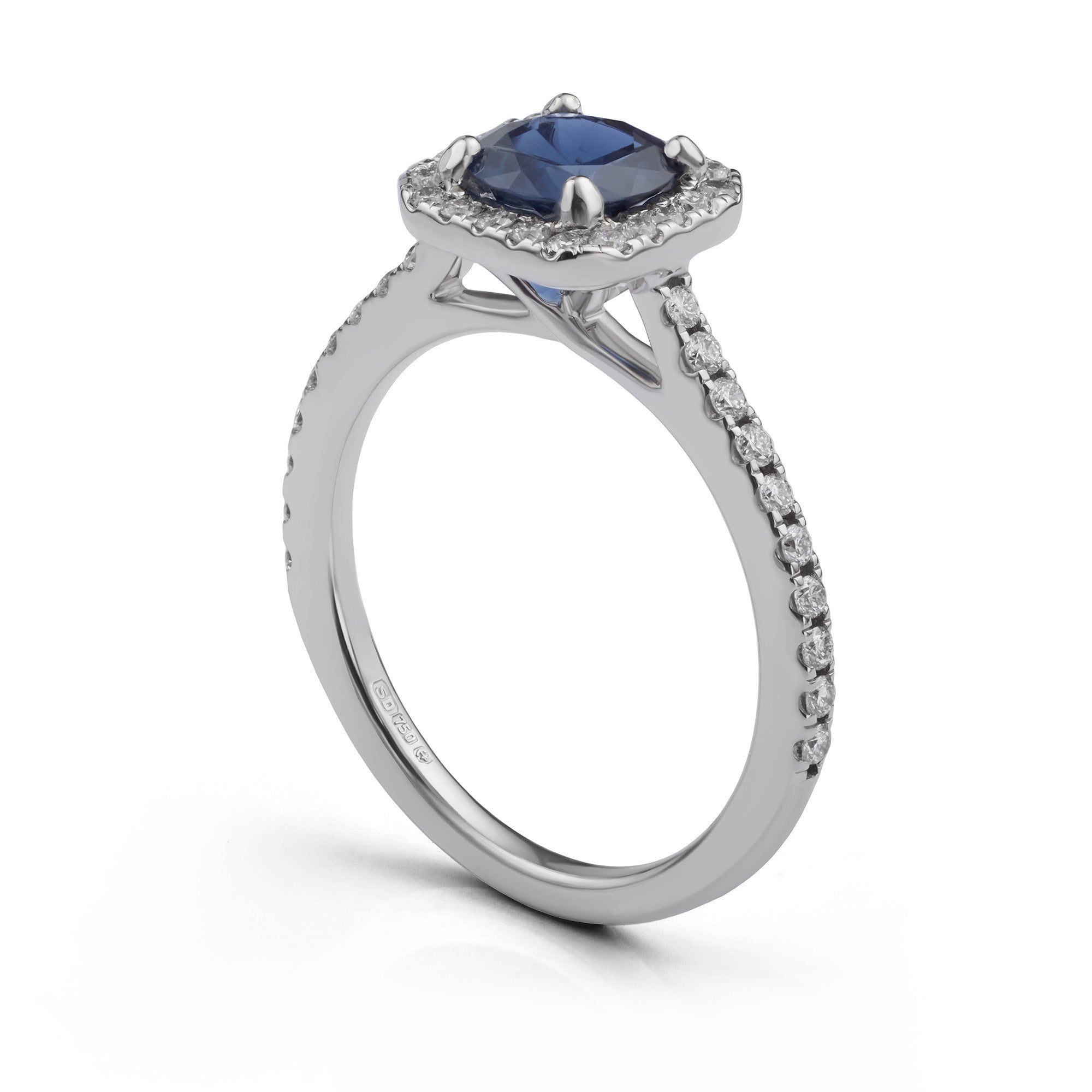 Blue Sapphire and Diamond Halo Engagement Ring Side View