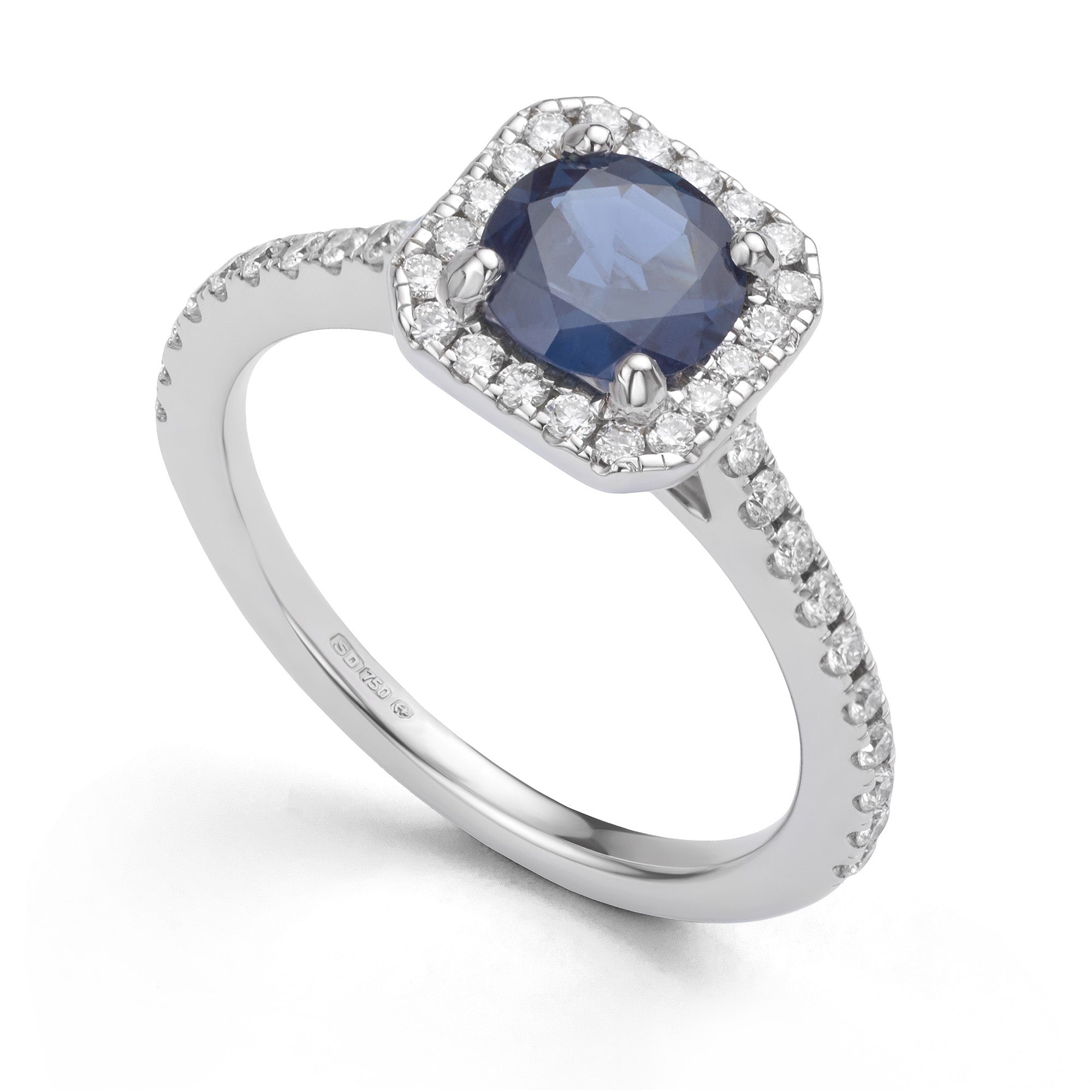 Blue Sapphire and Diamond Halo Engagement Ring