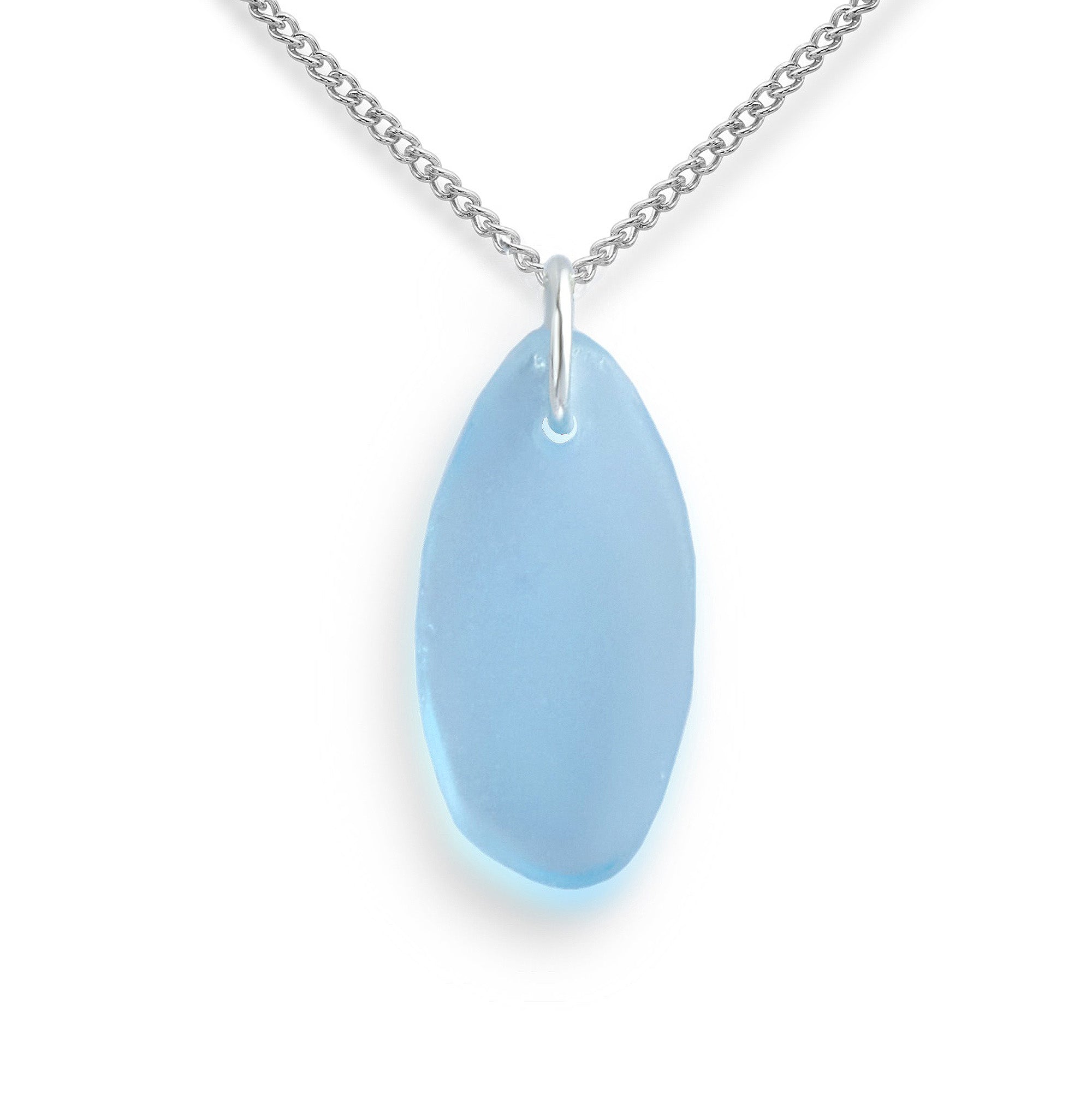 Close up view of the sky blue sea glass necklace