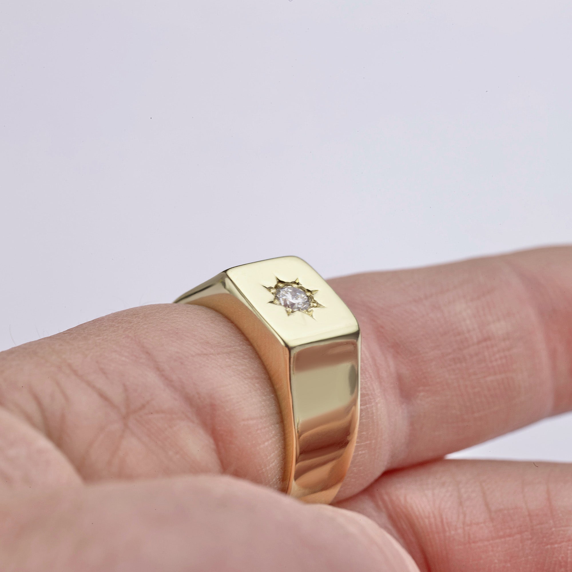 Mens Gold Diamond Signet Ring on Finger