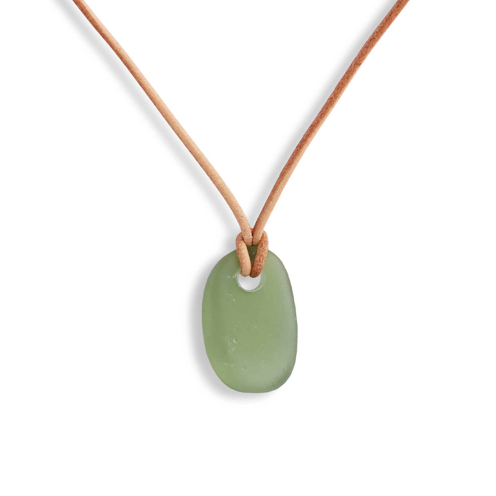 Men's or Women's Lime Green Isle of Wight Sea Glass Necklace with Tan Faux Leather Chord. Boho Beach Chic. 