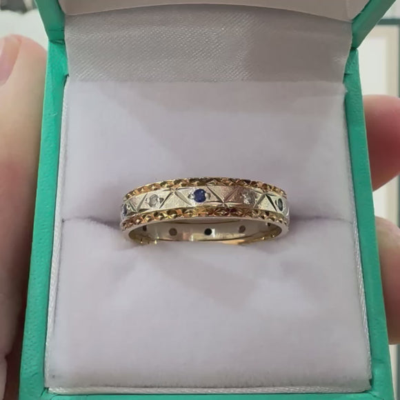 Pre-loved rose and white gold blue sapphire and diamond ring