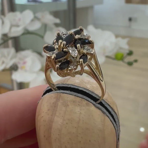 Tall marquise blue sapphire and diamond cluster ring video