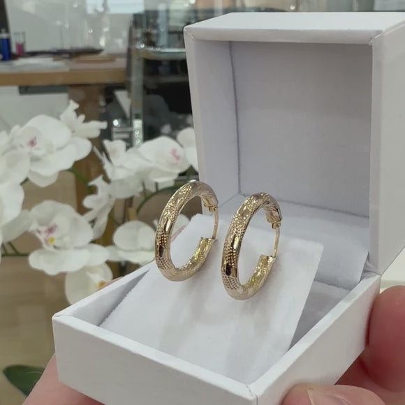 9ct Yellow Gold Textured Hoop Earrings – 20mm