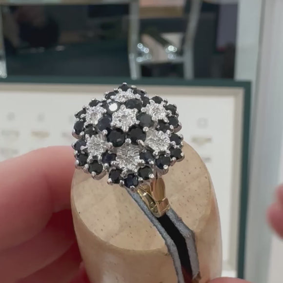 Pre loved floral blue sapphire and diamond cluster ring