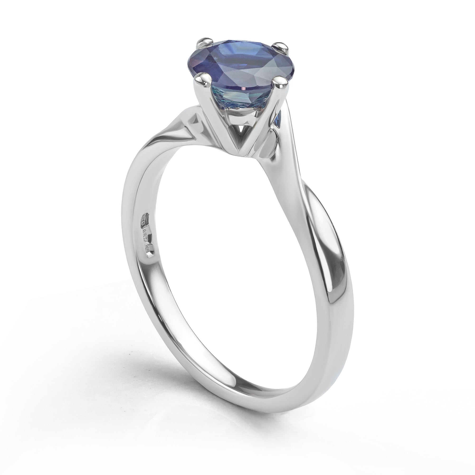 Platinum blue sapphire twist engagement ring side view