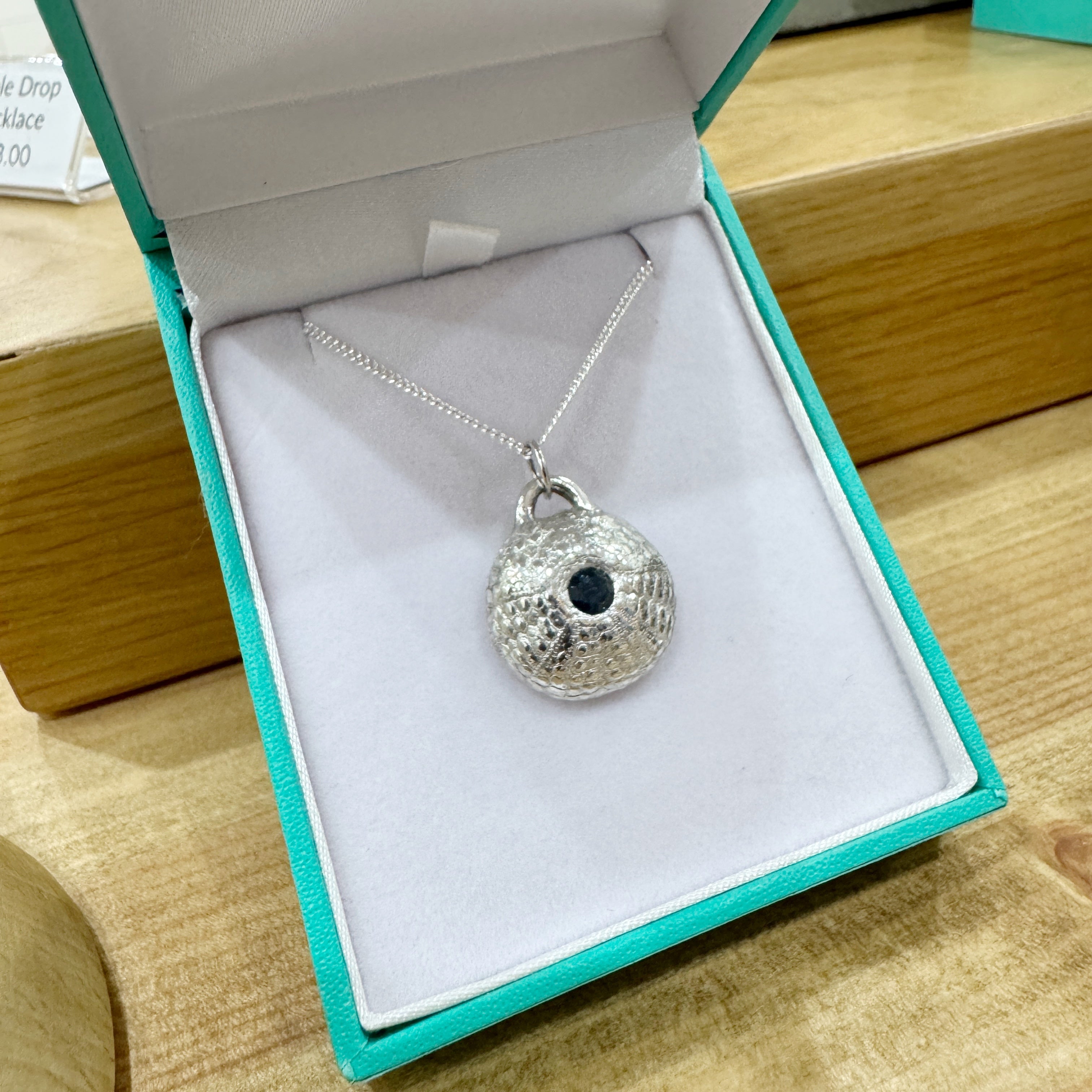 Silver Blue Sapphire Urchin Necklace in Box