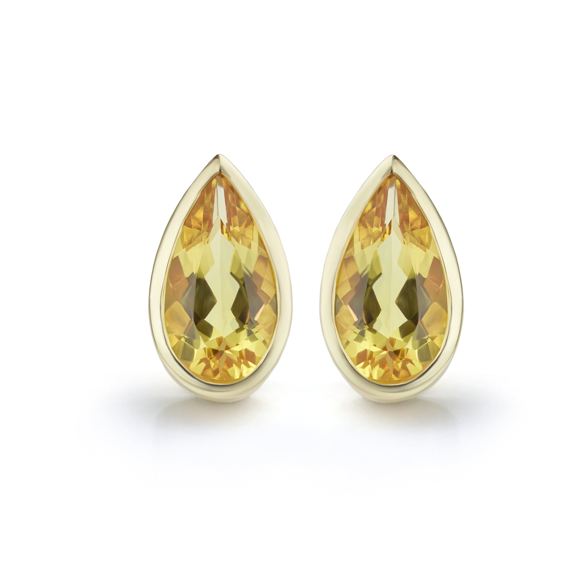 Yellow Beryl 9ct Yellow Gold Pear Shaped Drop Earrings Front View